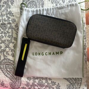 Longchamp LGP Brown and Black Wristlet Clutch with Yellow Accent